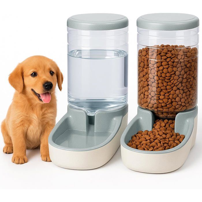 Distributeur Croquettes Chat Chien Automatique 2 Unités 3.8 L Gamelle à Nourriture et à Eau pour Animaux de Compagnie (Gris)