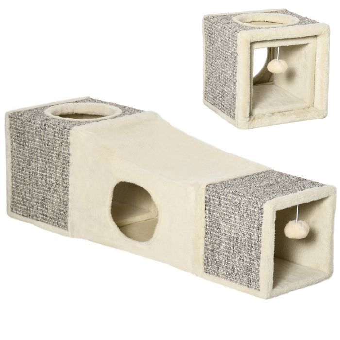 Tunnel pour chat - PawHut - avec balle suspendue - entrées multiples - en sisal - crème