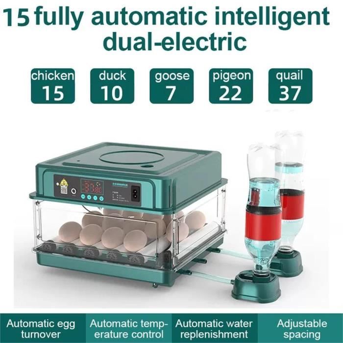 Couveuse Oeuf Automatique Incubateur Retournement & Température Normé avec hydratation de lit deau à ion deau 15 oeufs