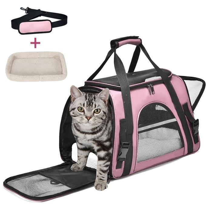 Sac Transport Chat ChienRespirant et Pliable Caisse De Transport Chat avec Tapis Amovible Doux et Bandoulière-rose pour Voyage