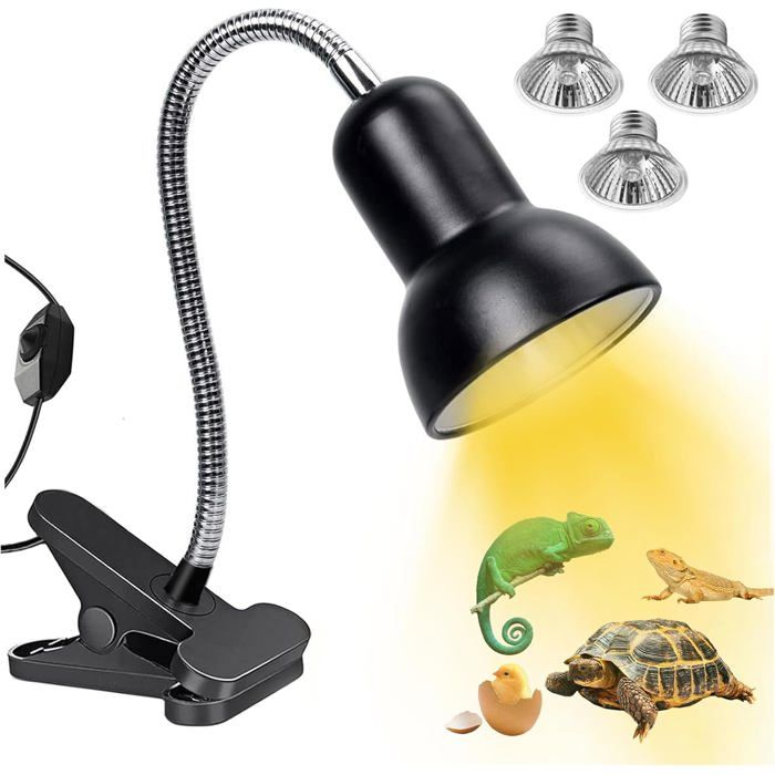 Lampe Chauffante - Tortue - 3 Ampoules UVA UVB - 25W 50W - Pince Pivotante 360°