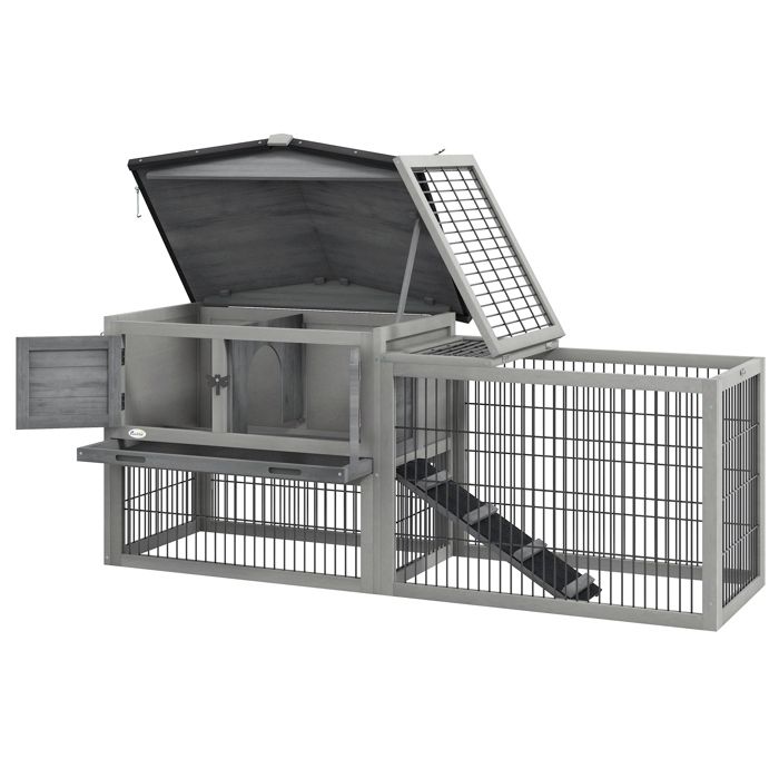 Clapier de sol cage à lapin cottage niche supérieure avec rampe enclos extérieur 150 x 52 x 68 cm gris