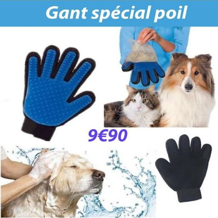 Gant de toilettage - Bleu - Noir - Enlève les poils - Masse doucement