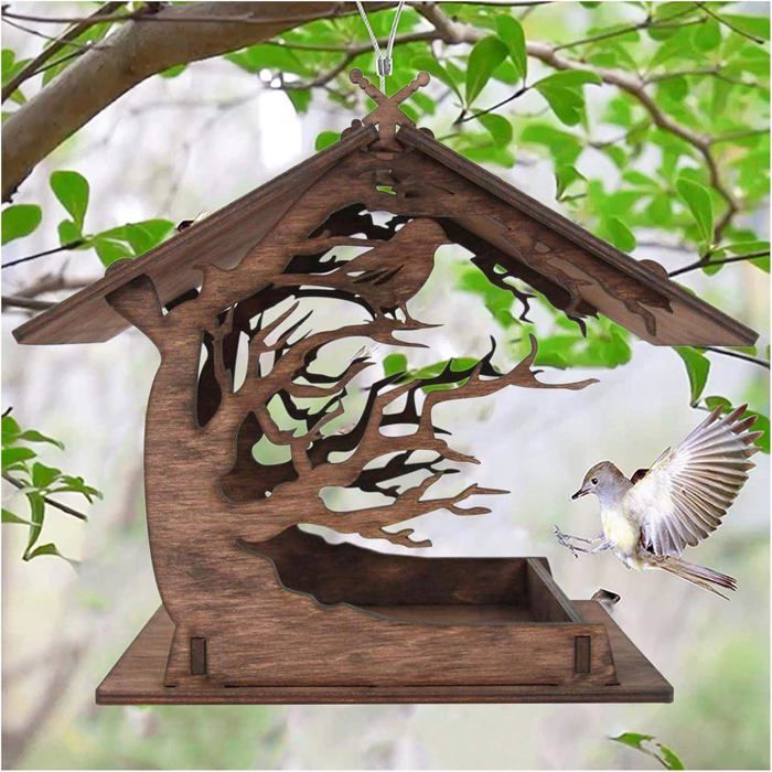 Mangeoire Oiseaux Exterieur en Bois Mangeoire à Oiseaux Distributeur Suspendu Imperméable d’Extérieur Mangeoire
