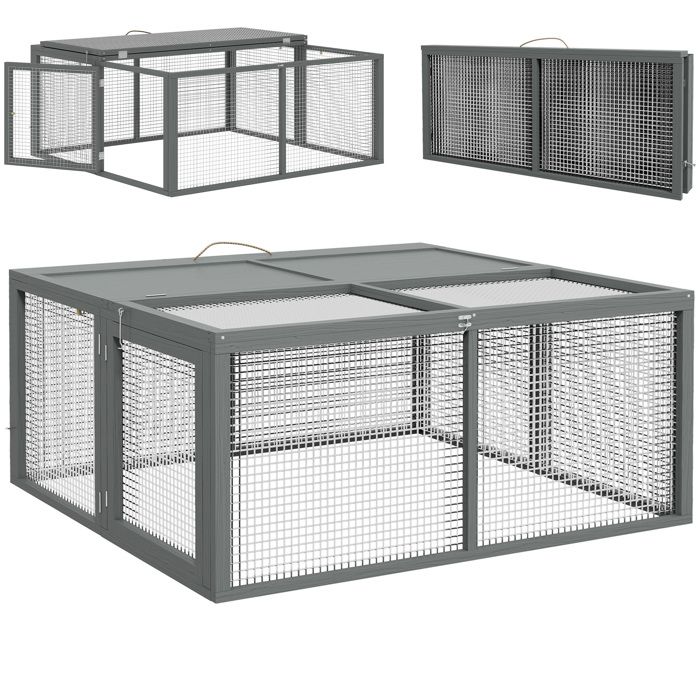 Clapier à lapins - PawHut - pliable -  avec poignée - dessus ouvrable - pour 2 à 3 lapins cochons dinde - 110 x 105 x 50 cm - gris