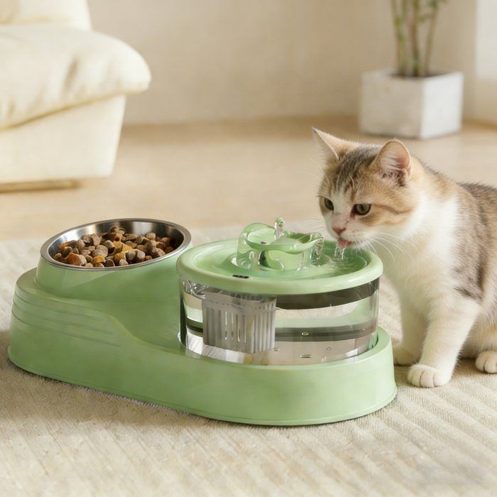 Fontaine à Eau pour Chat Chien Grande Capacité Système de Filtration Nettoyage faciles avec Gamelle en Acier Inoxydable - Vert