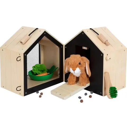 Cage en bois pour lapin - Small Foot - 2 compartiments - Accessoires inclus - Transport facile - Peluche lapin