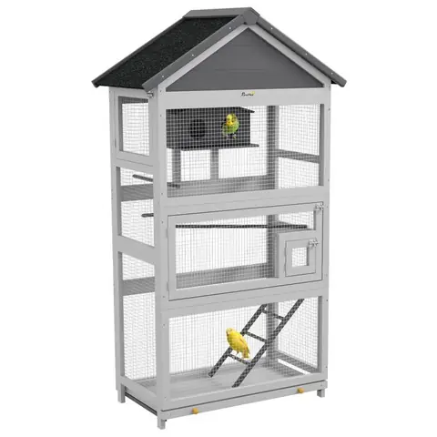 Cage à oiseaux - PawHut - toit asphalte imperméable - pour perruche calopsitte conure canaris - en bois - 92 x 52 x 171 cm gris