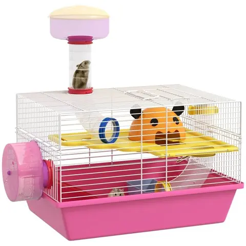 Cage à hamster - PawHut - rat rongeur avec plateforme - biberon eau - roue - maisonnette -  34 x 27 x 25 cm - rose