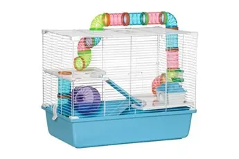 Cage à hamsters 3 niveaux - tunnel, abreuvoir, roue, maisonnette, échelles - dim. 59L x 36l x 47H cm - métal PP bleu blanc