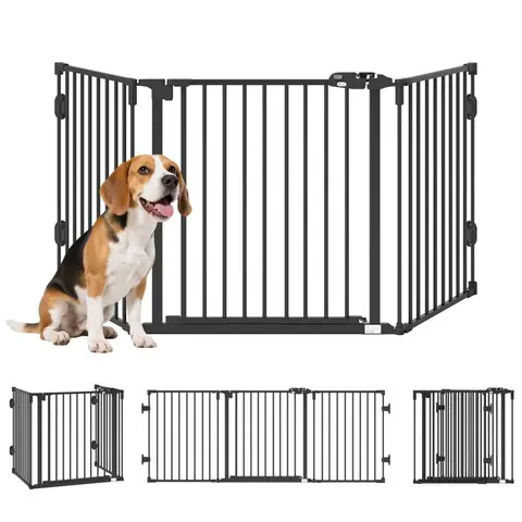 Barriere de securite chien - PawHut - pliable modulable - avec porte en acier - 3 panneaux - fermeture automatique - 2025 cm - noir