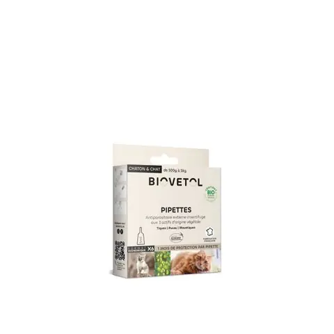 Biovetol - Pipette Anti-Insectes  - certifié Bio - pour chaton et chat - puces tiques et moustiques - 6 pipettes
