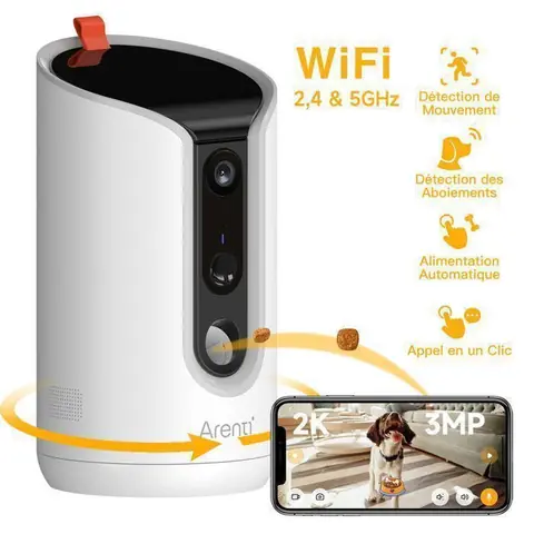 ARENTI Caméra Surveillance avec Distributeur Croquettes Chat Automatique 3MP Caméra pour Chat/Chien Audio BidirectionnelDétection