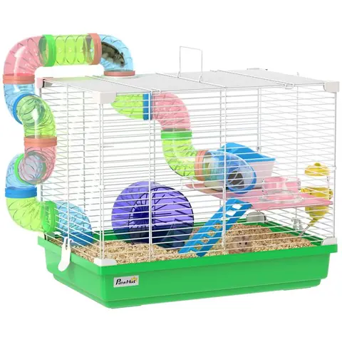 Cage à hamster - PawHut - 2 niveaux avec poignée - avec tunnel biberon eau roue maisonnette échelles - vert