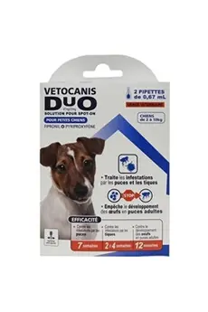 Anti-puces et anti-tiques Duo Spot on - 2 pipettes - Efficacite 7 semaines - Pour petit chien