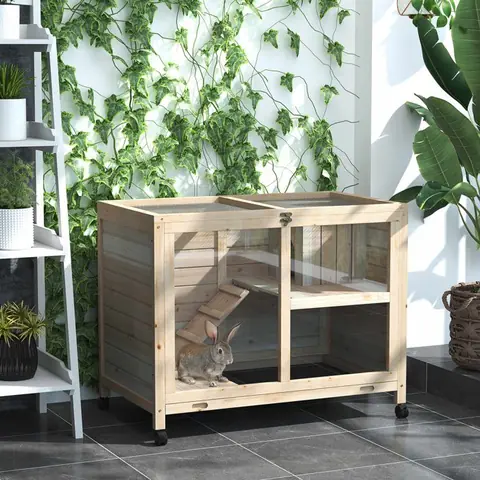 Cage à lapin clapier sur roulettes petit enclos aminaux en bois massif 2 étages toit ouvrant plates-formes 915 x 533 x 73 cm