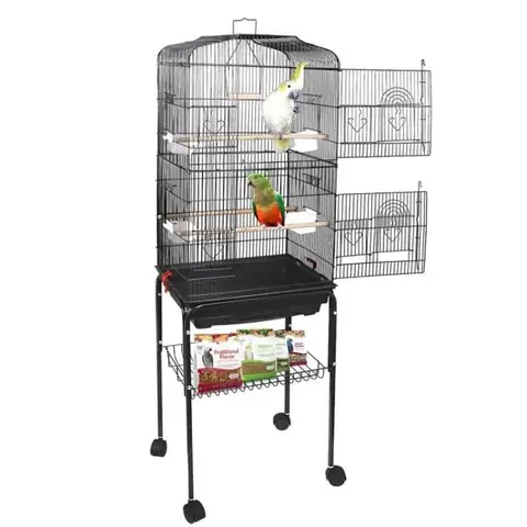 Cage à Oiseaux - Portable - Grande Volière - Perruche - Support Détachable - Roulettes - Noir