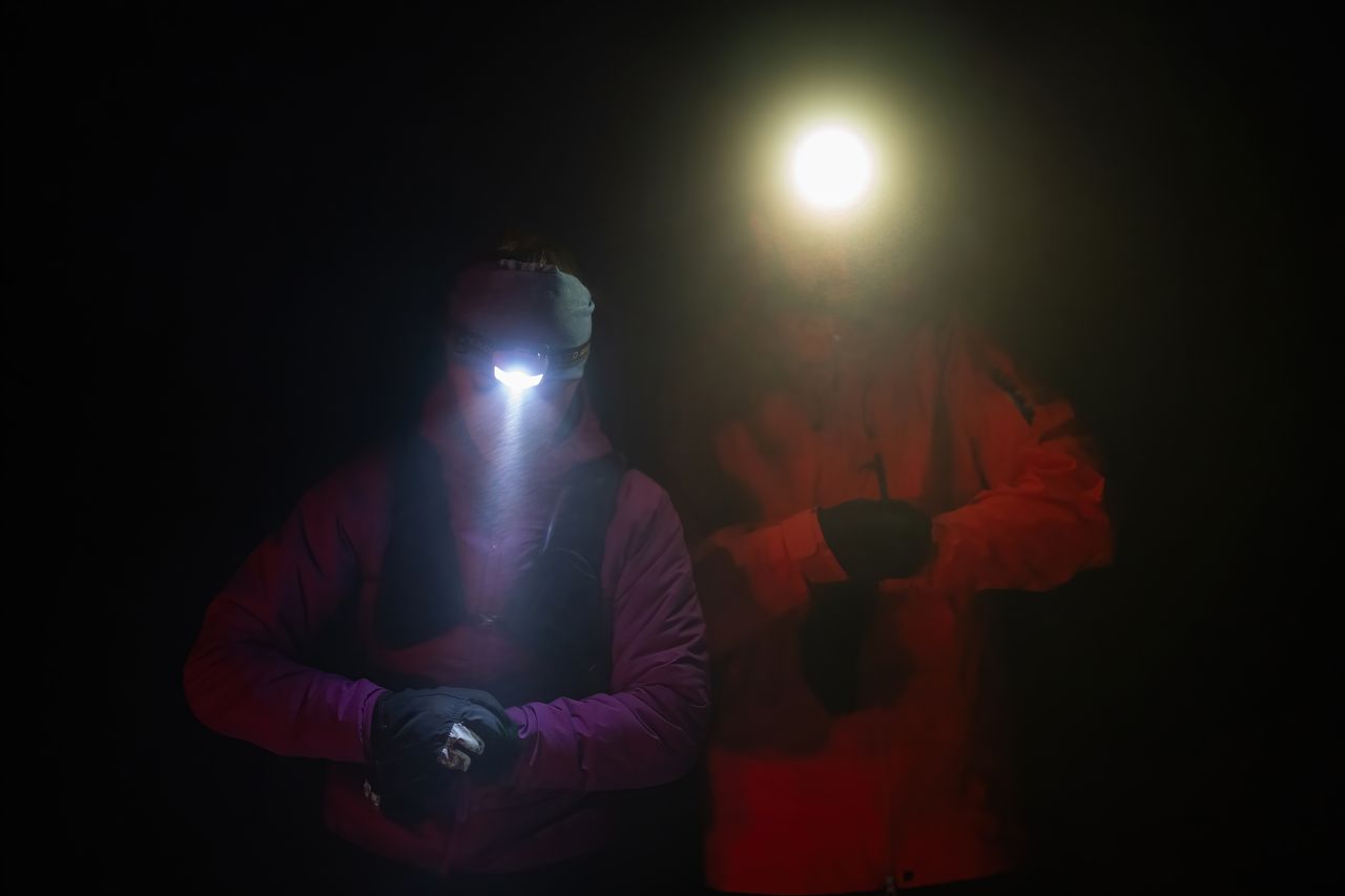 Inspection nocturne d’un poulailler familial, lampe torche éclairant un perchoir dans une ambiance réaliste.